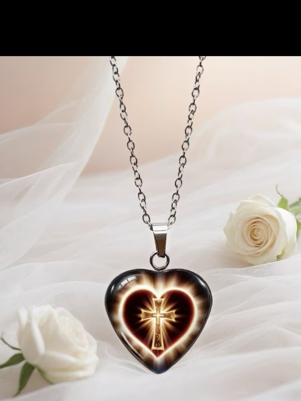 Heart Cross Pendant Necklace in Black and Gold - Women Jewelry